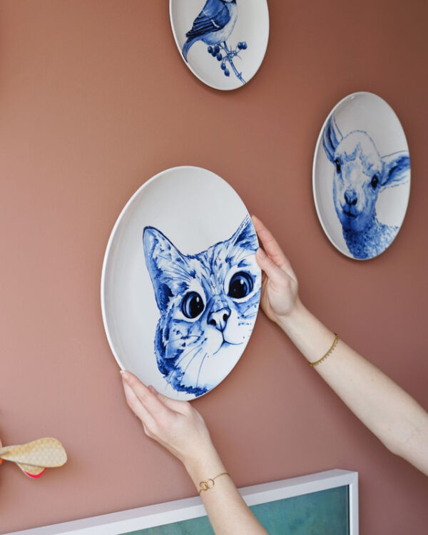 Heinen Delfts Blauw Wandbord - Poes - 31 cm - Afbeelding 2